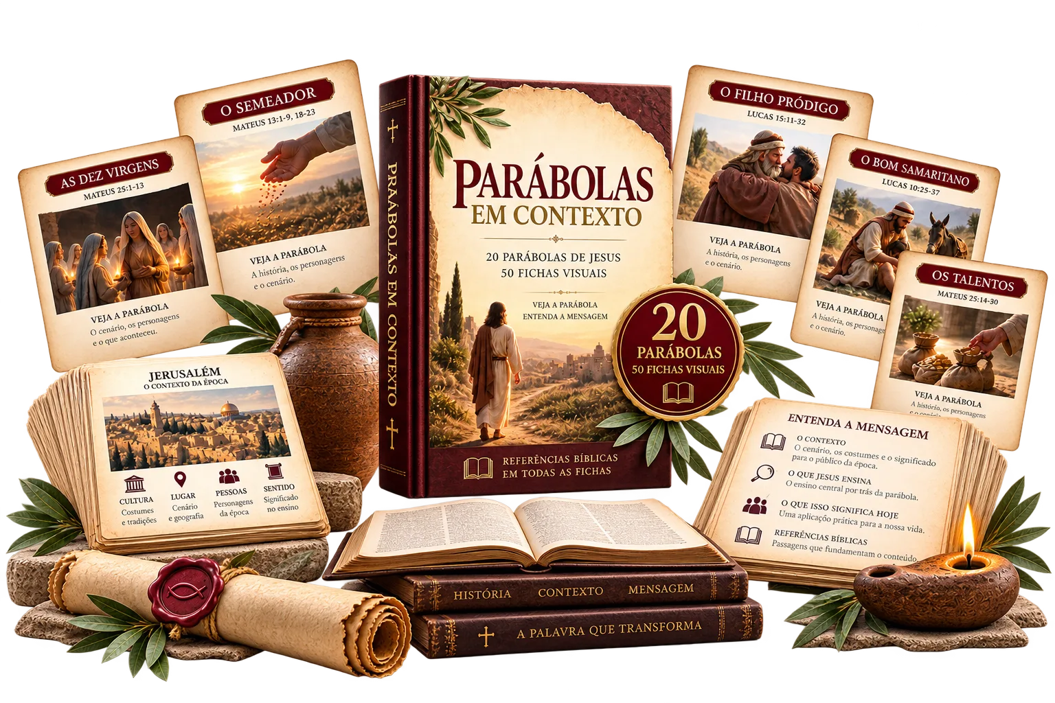 Mockup do material Parábolas em Contexto: livro, fichas visuais e selo de 20 parábolas